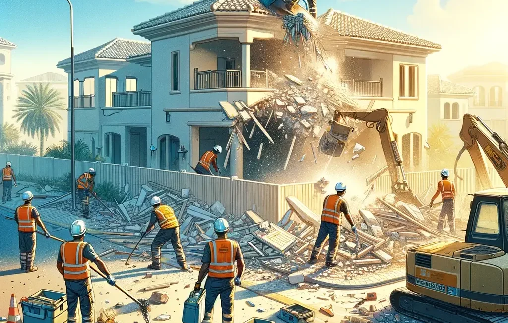 Demolition crane removing upper floors of a building