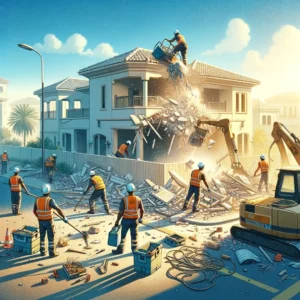 Demolition crane removing upper floors of a building