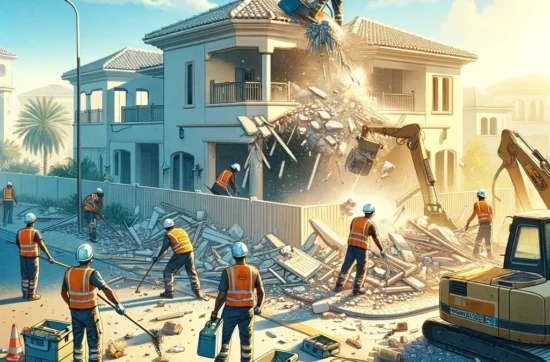 Demolition crane removing upper floors of a building