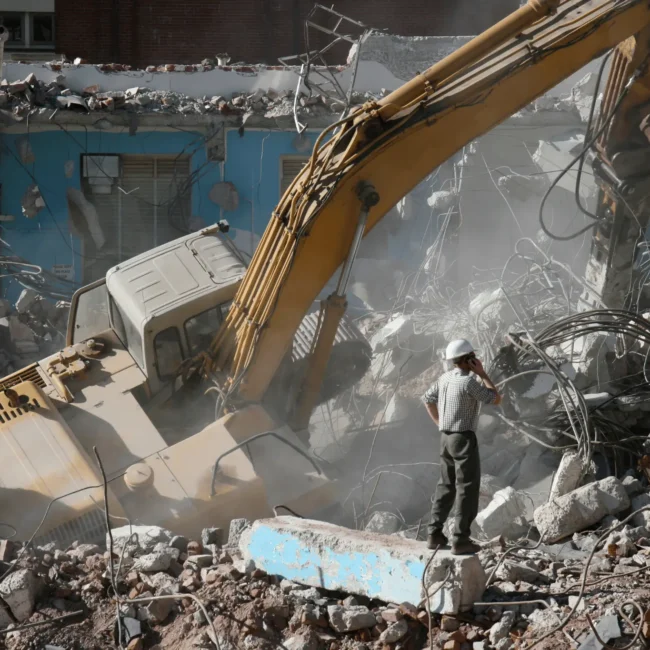 Demolition crew using safety harnesses on high-rise