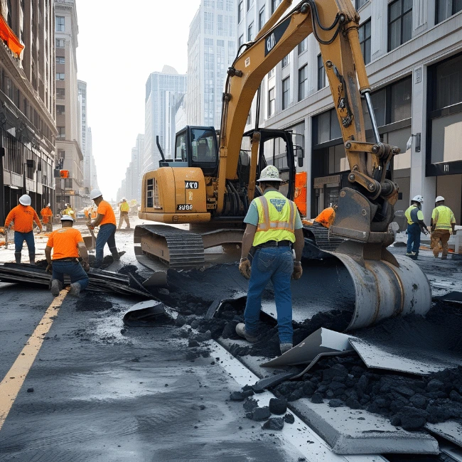 Heavy equipment breaking reinforced concrete slab